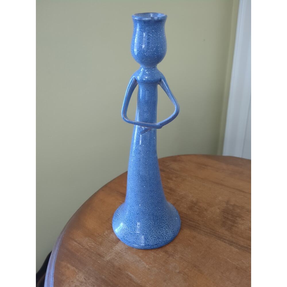 Vintage Blue Spatter Pottery Figure Candlestick 11 1/2"